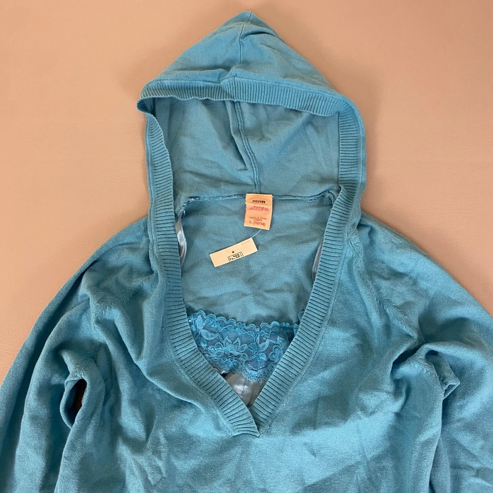 褪色荣耀连帽针织套衫毛衣大号蓝色蕾丝装饰 V 领复古全新带标签 — 第 2/4 张图片