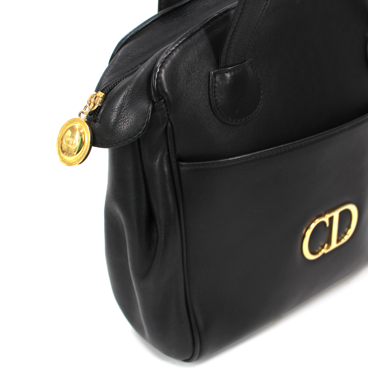 Christian Dior Black Smooth Leather Gold CD Logo Zip Christian Dior Black Smooth Leather Gold CD Logo Zip