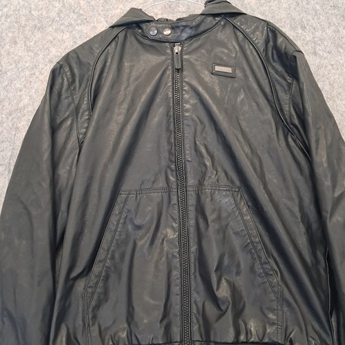 Ecko Unltd Jacket Mens XL Black Leather Look Full Zip Hood Biker Coat Y2K Retro - Picture 5 of 9
