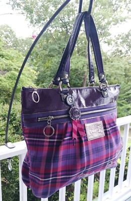Coach 15886 Poppy Canvas Purple Plaid Graffiti Print Tote/Shoulder
