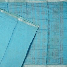 Vintage Blue Sarees 100 Pure Silk Printed Zari Border Sari 6YD Craft Fabric