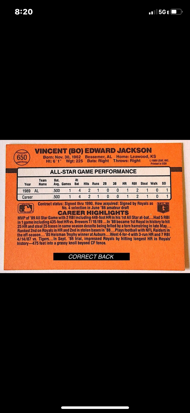 RARE Bo Jackson TRIPLE ERROR 1990 DONRUSS All Star NO DOT/TM after INC KC Royals - Picture 2 of 9
