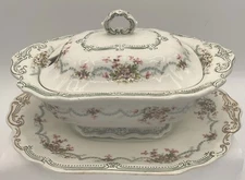 Ridgway Vegetable Tureen England Naples Wreath Pattern Covered Underplate(9)
