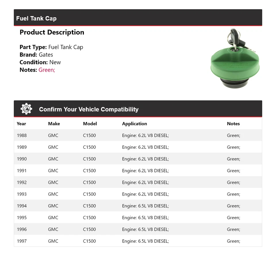 Tapa del tanque de combustible para GMC C1500 1988-1997 1989 1990 1991 1992 1993 1994 1995 Foto 2 de 4