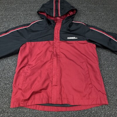 Gander Mountain Rain Jacket Boys Large Red Black Hooded Lightweight Windbreaker