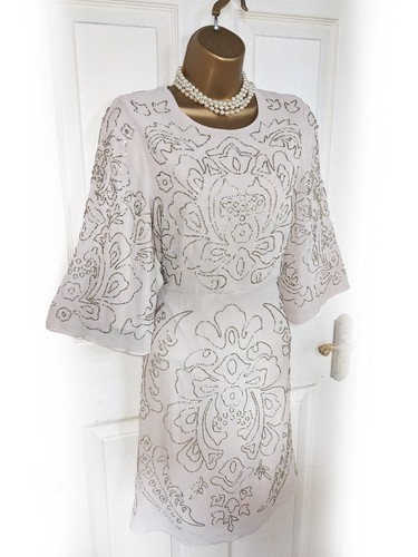 NEEDLE AND THREAD Nude Beige & Iridescent Beaded Flutter Sleeve Dress, Size 12 - Picture 2 of 7