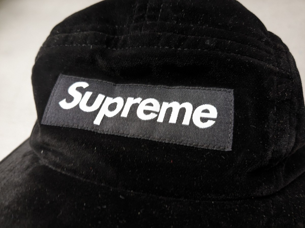 Supreme Velvet Camp Cap Hat Black SS16 5-Panel BOGO Box Logo