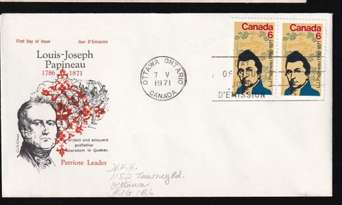 Canada FDC 1971 sc#539 L.J. Papineau pair, Cole cachet