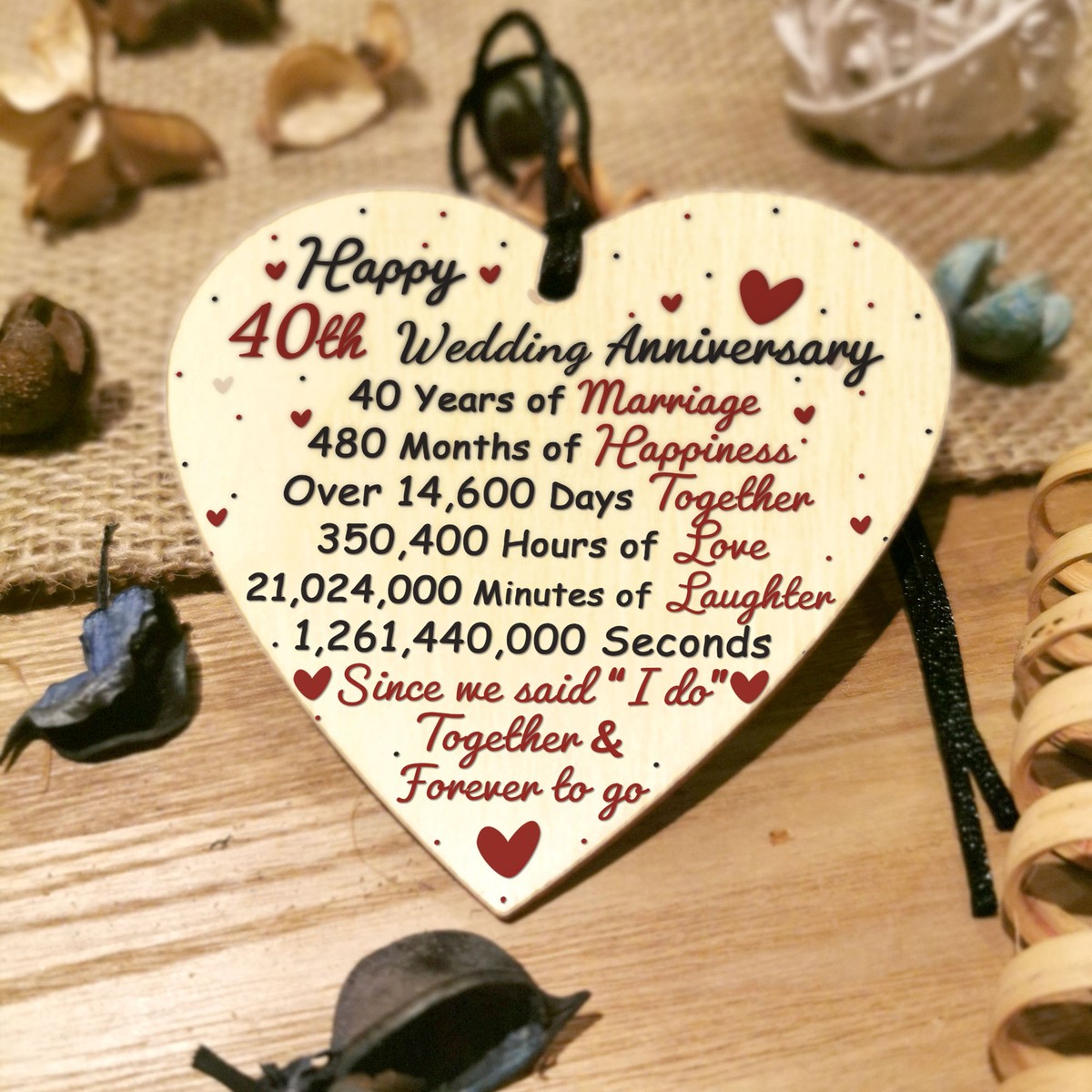 Ruby 40th Wedding Anniversary Gifts for Wife Husband Wooden Heart