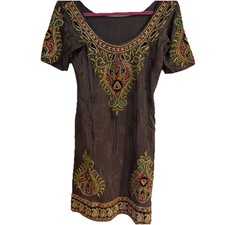 Indian Taupe Sequin Jeweled Embroidered Ornate Tunic Kurta Wms S Bollywood