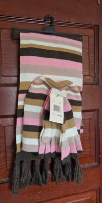 NWT Modena Women's OS Pink Brown Cream Striped Scarf Hat & Gloves