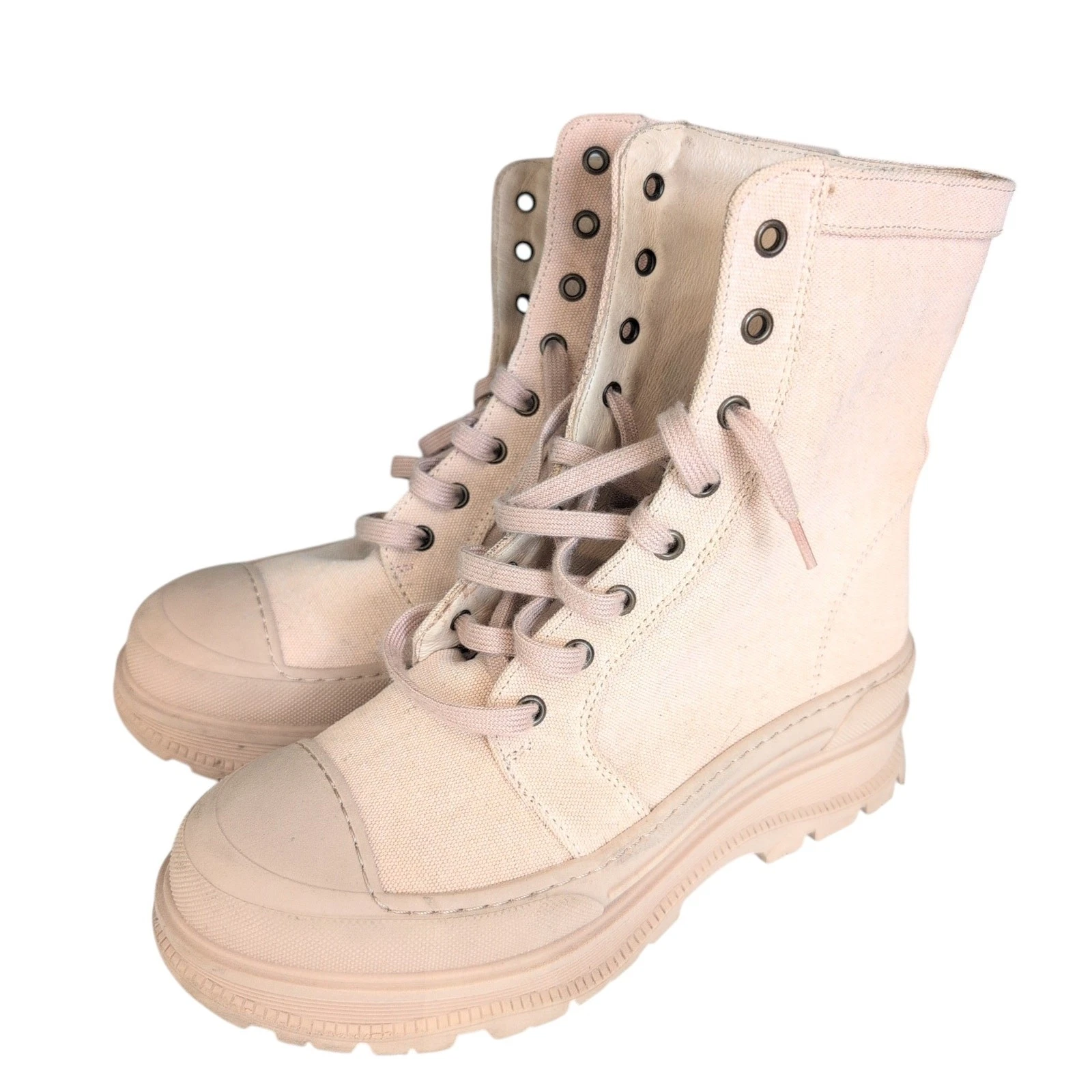 Free People Camp Out Canvas Combat Boot Tan Lug Heel Chunky Streetwear 38 7.5-8