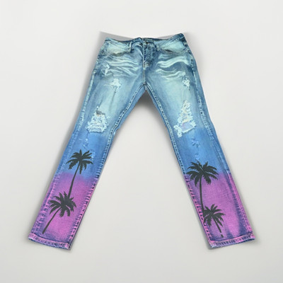 Men's Blue Purple Gradient Palm Tree Graphic Distressed Denim Skinny Jeans 36