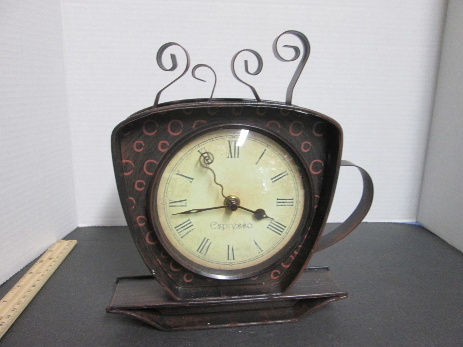 Rustic Metal Expresso Coffee Cup & Saucer Clock 9.25"tall & Wide 2&rdquo; Deep Battery