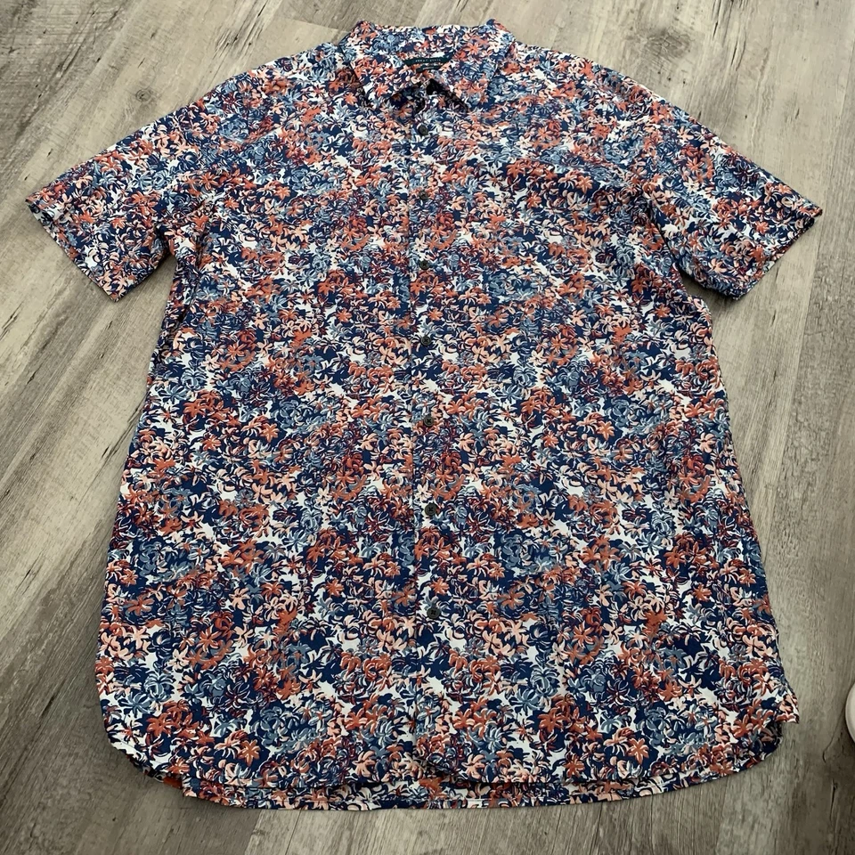 Camisa Perry Ellis Grande Alta Para Hombre XLT Azul Naranja Floral S/S Algodón Elástico Foto 3 de 4