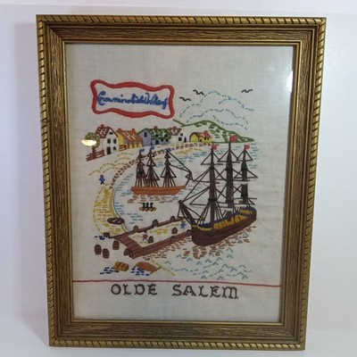 Vintage Nautical Hand Made Needle Work Crowningshiled Wharf OLDE SALEM Framed