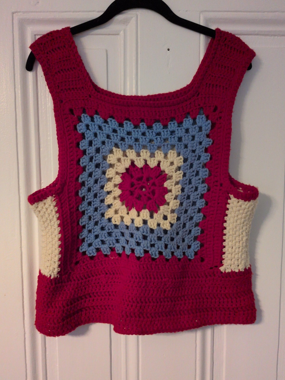 Granny Square Knit Sweater Cropped Size Medium Vintage Style Hand Made Crochet