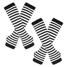 2 Pairs Long Striped Arm Warmers Winter Arm Sleeves Fingerless Knit Black White