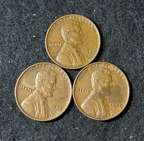 1939 D (3 Coins) Lincoln Wheat Pennies- Free Shipping