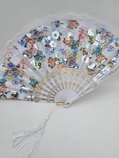 Vintage White Folding Fan  Floral  Gold Design  Lace Trim  Spanish Style