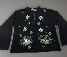  Vintage Christmas Granny Cardigan Snowglobe Snowflake Sequined Beaded Sz L