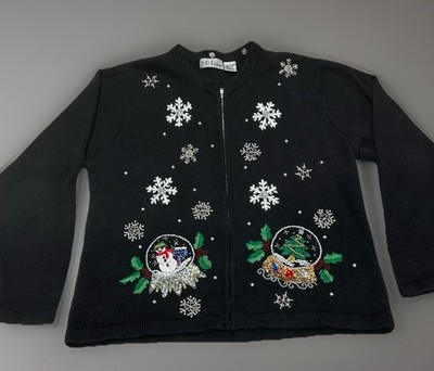 *Vintage Christmas Granny Cardigan Snowglobe Snowflake Sequined Beaded Sz L