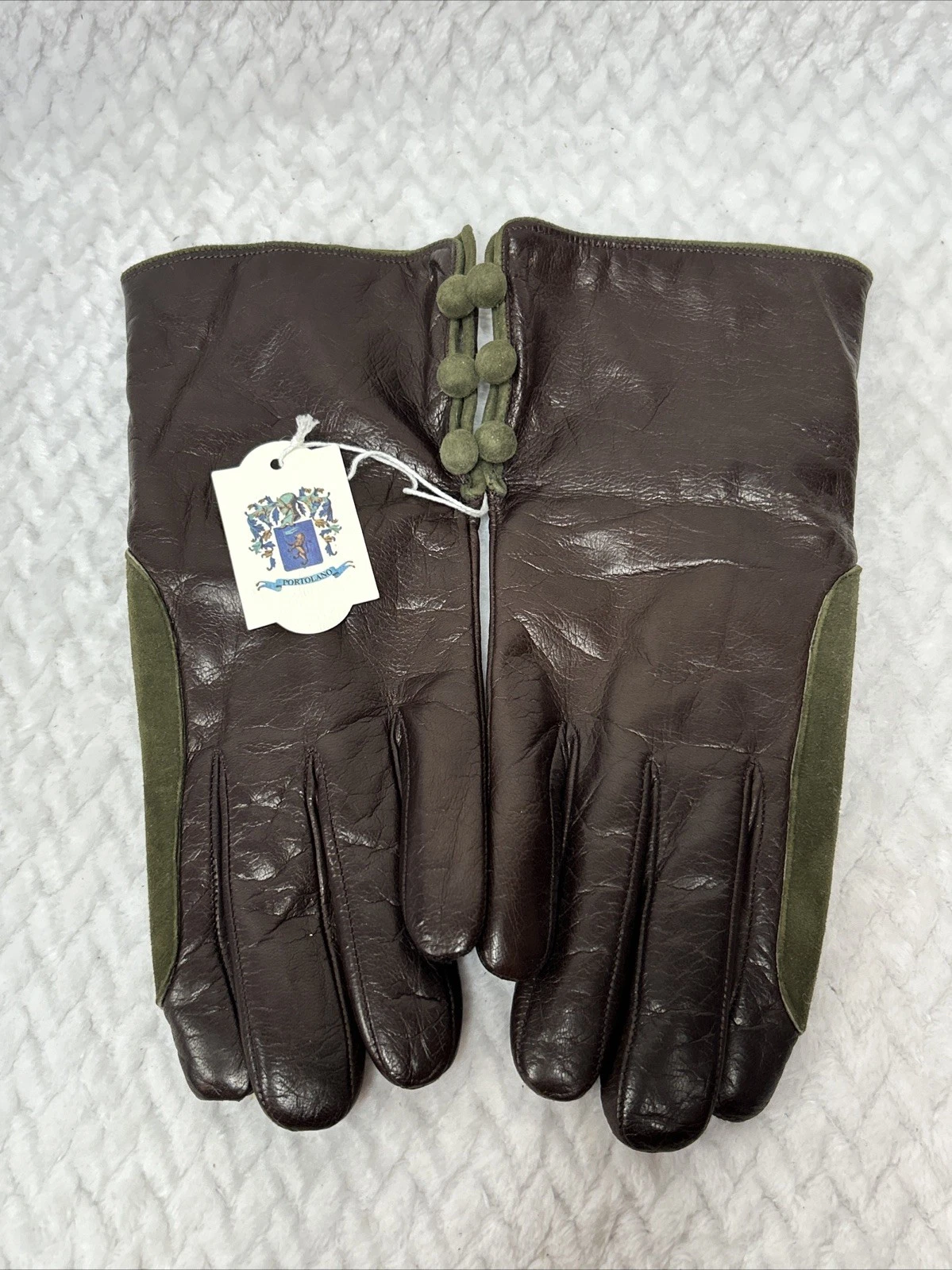 Portolano Brown Leather Green Suede Trim and buttons Women's Gloves NEW
