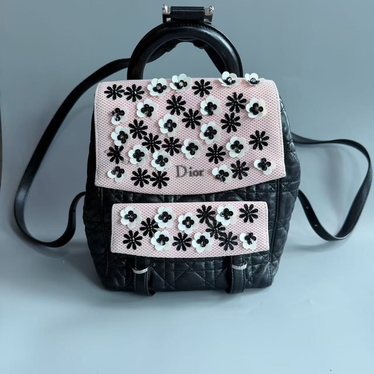 Dior Mini Cannage Backpack Black Lambskin Pink Floral Embellished