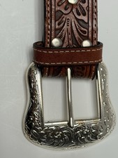NEVER WORN  Nocona Genuine Leather Brown Belt W/Silver Buckle/Calf Hair Inlay