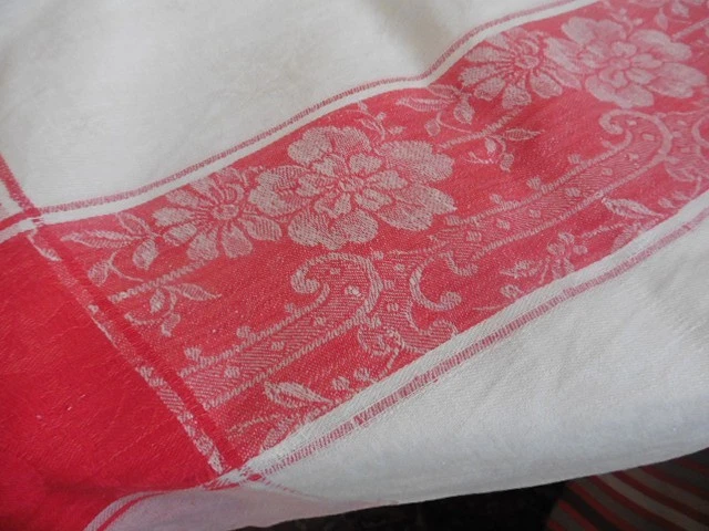 ANCIENNE NAPPE NAPOLEON III DAMASSE BLANC LARGE LINTEAUX ROUGE 130X140 CM - Photo 4/4