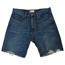 Wrangler Mens Blue Denim Frayed Edge Jean Shorts Relaxed Fit 9" Inseam