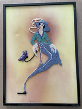 Vintage ART NOUVEAU LADY Pipe Smoke Needlepoint Textile Art Signed Butterfly