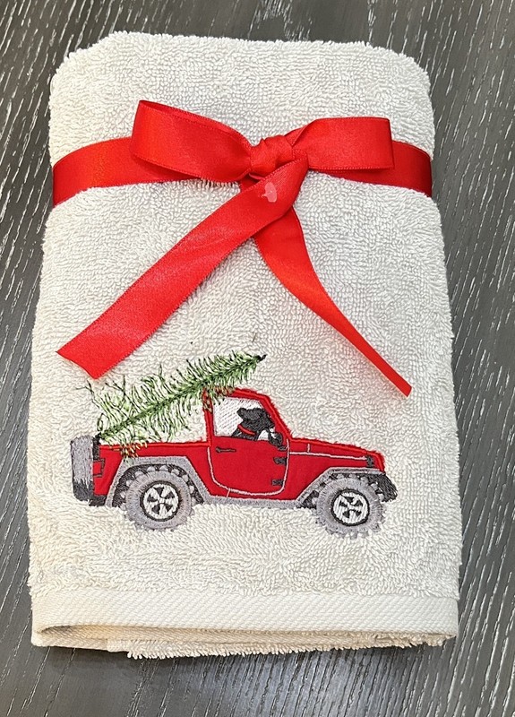 Holiday Christmas Gray Hand Towels with a Red Jeep & Dog Set of 2