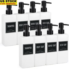 8 Bottles Plastic Pump Dispenser W/ Waterproof Labels Shampoo Body Soap Lotion