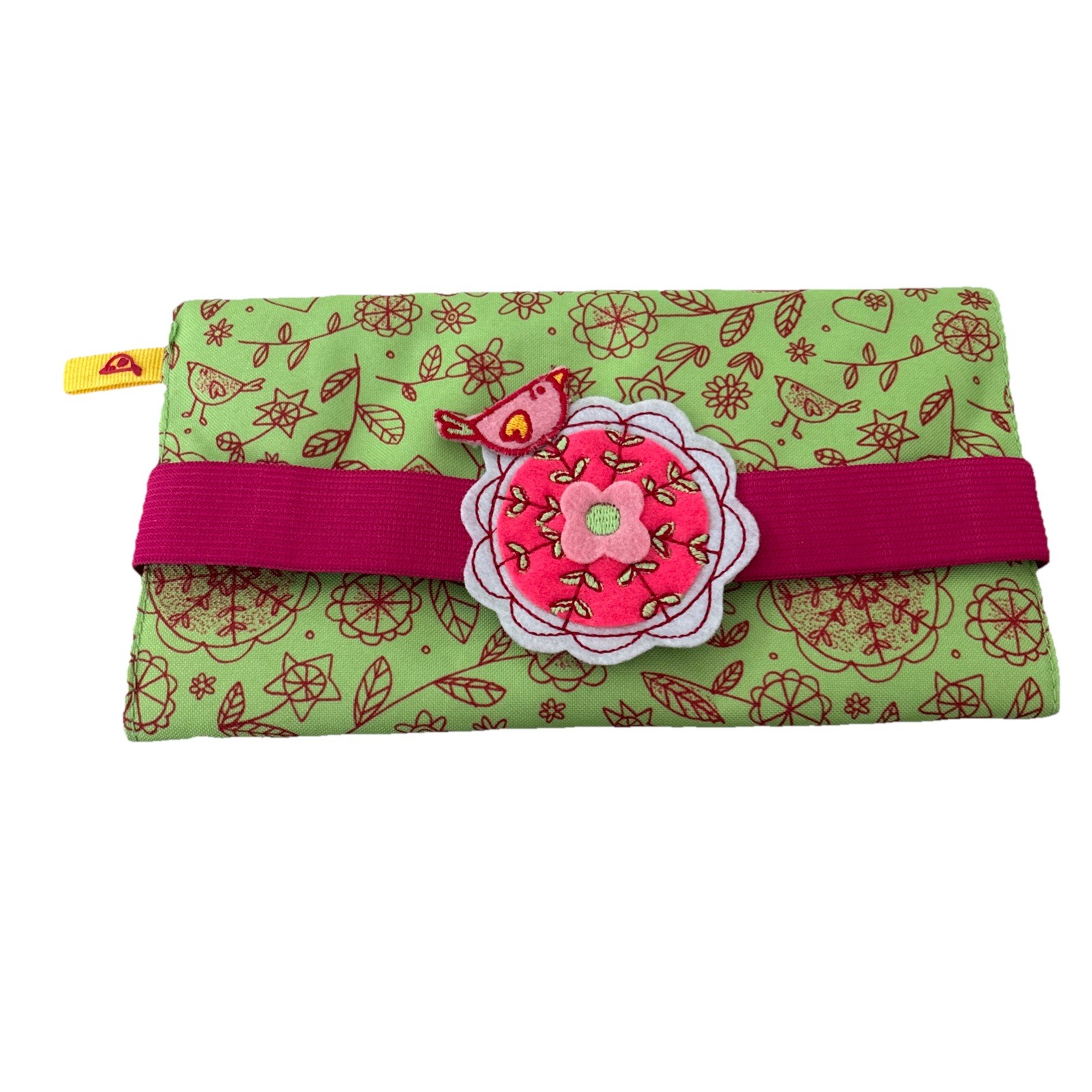 Bolsa para lápices Busquets lona verde rosa con adornos florales de pájaros