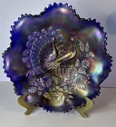 Northwood Glass Peacocks on Fence Ruffled Bowl. Electric Blue, Purple, Antique.