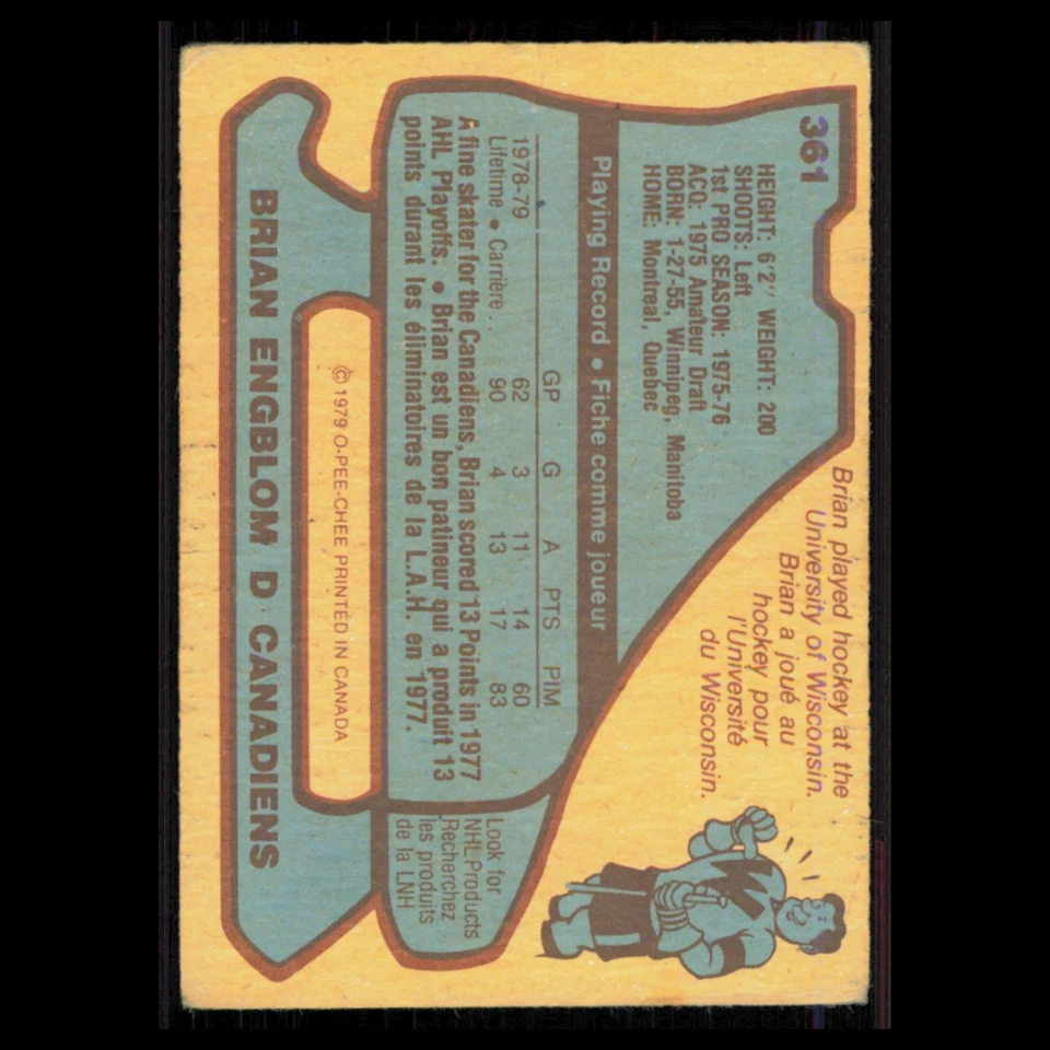 Brian Engblom Rookie #361 1979 O-Pee-Chee Montreal Canadiens Hockey Card NHL VG - Image 2 of 3