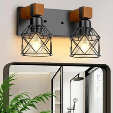 2-Light Farmhouse Bathroom Light Fixtures Over Mirror, Rustic Wood Vanity Lig...