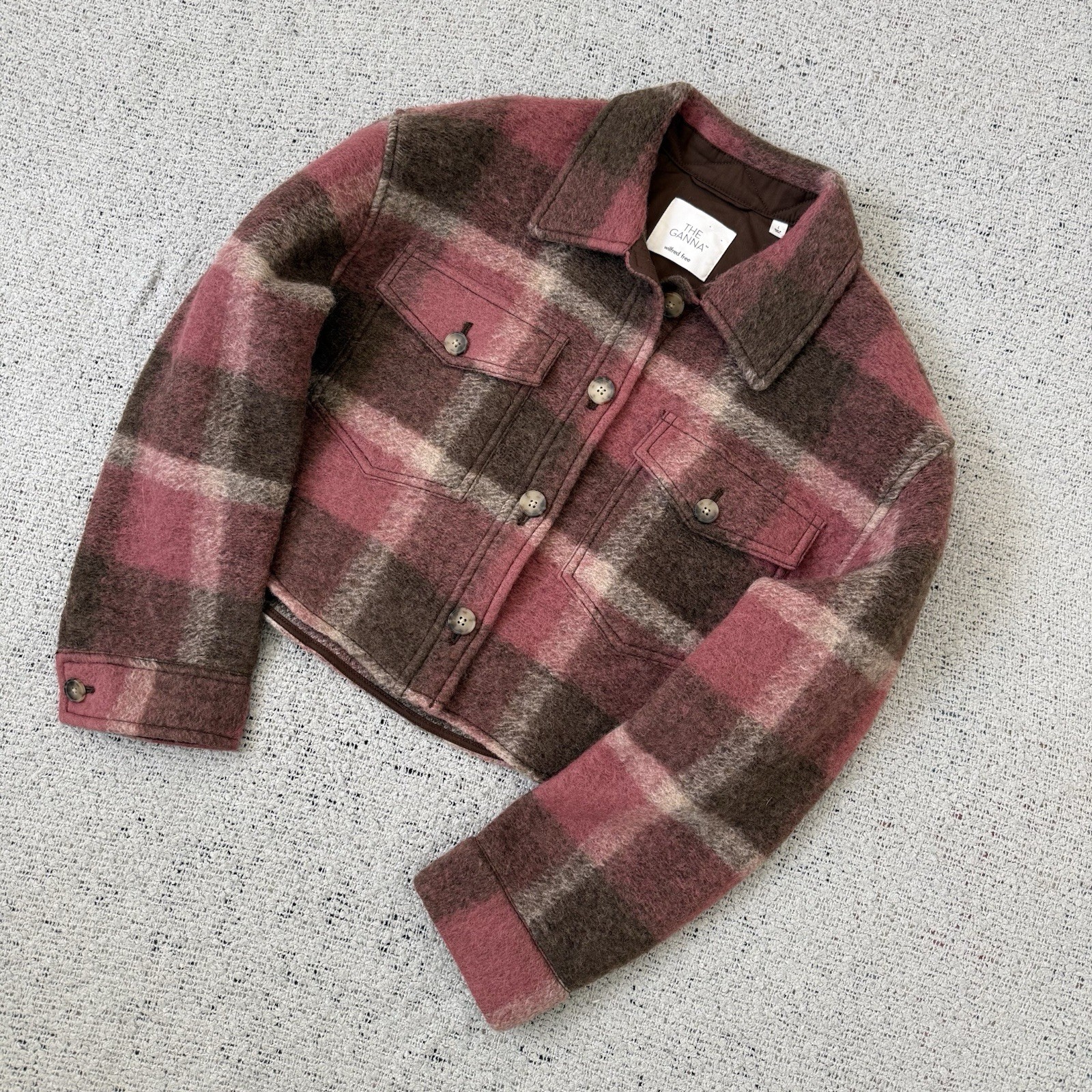 Wilfred Aritzia Cropped Wool Blend Jacket Plaid Size L/XL Pink Brown