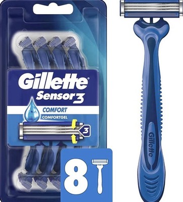 Gillette Sensor3 Comfort Disposable Razors 8ct 3-Blade Pivoting Non-Slip Grip
