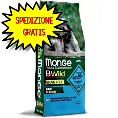 MONGE CANE CROCCHETTA BWILD GRAIN FREE ALL BREEDS ADULT ACCIUGHE PATATE 12KG - Picture 1 of 1