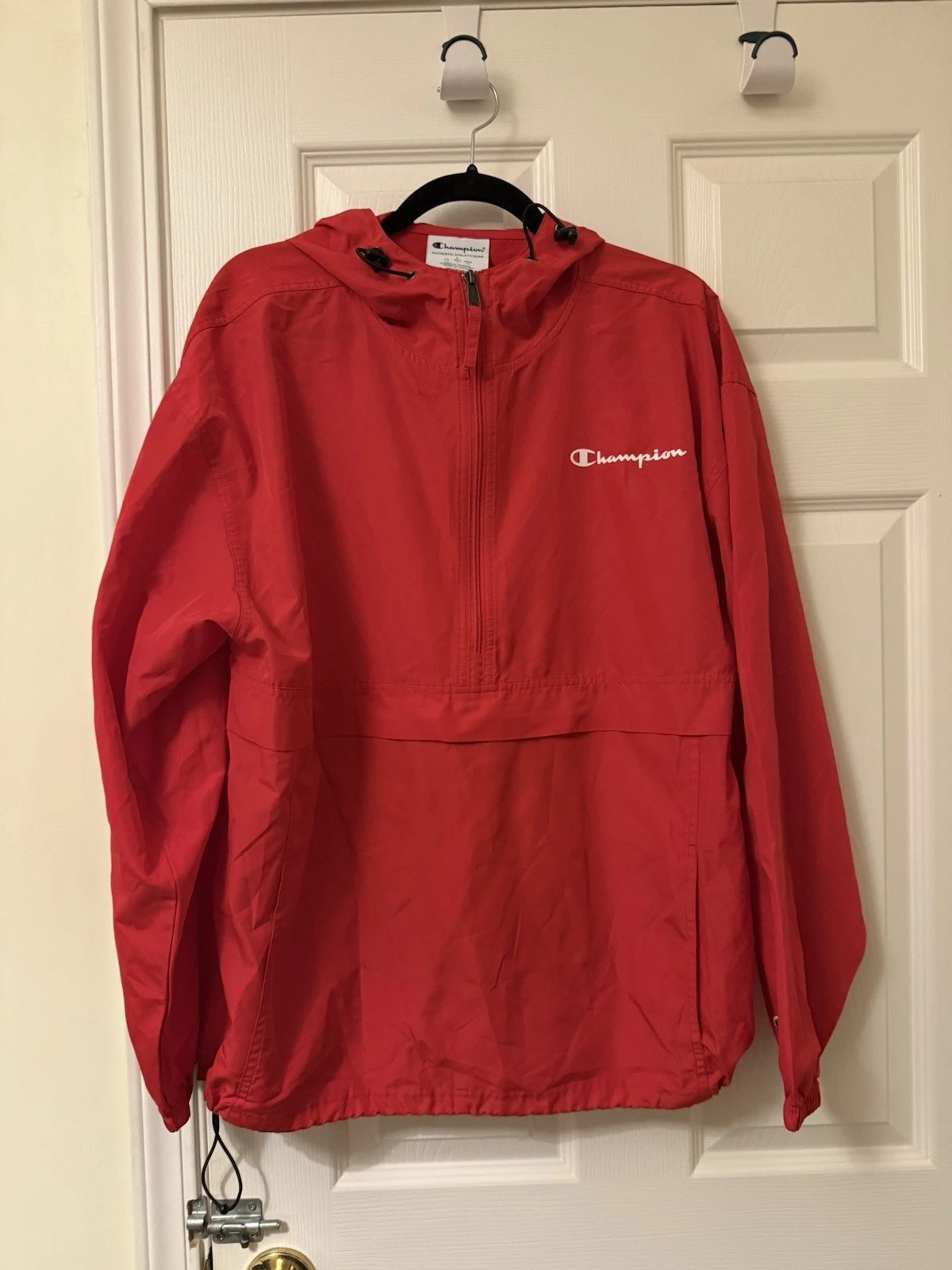 Champion Windbreaker Large Stadium Packable Hooded Lite Jacket Red Zipper Pocket