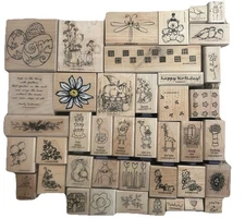 LOT OF 40+ STAMPIN UP STAMPS WOOD MOUNT RUBBER STAMPS RETIRED RARE 1993-2005