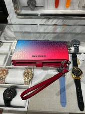 Michael Kors Jet Set Large Women Logo Double Zip Wristlet Wallet Dark Raspberry