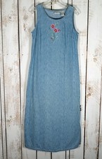 Vintage Long Denim Embroidered Flowers Maxi Dress Large Blue Cotton Sleeveless