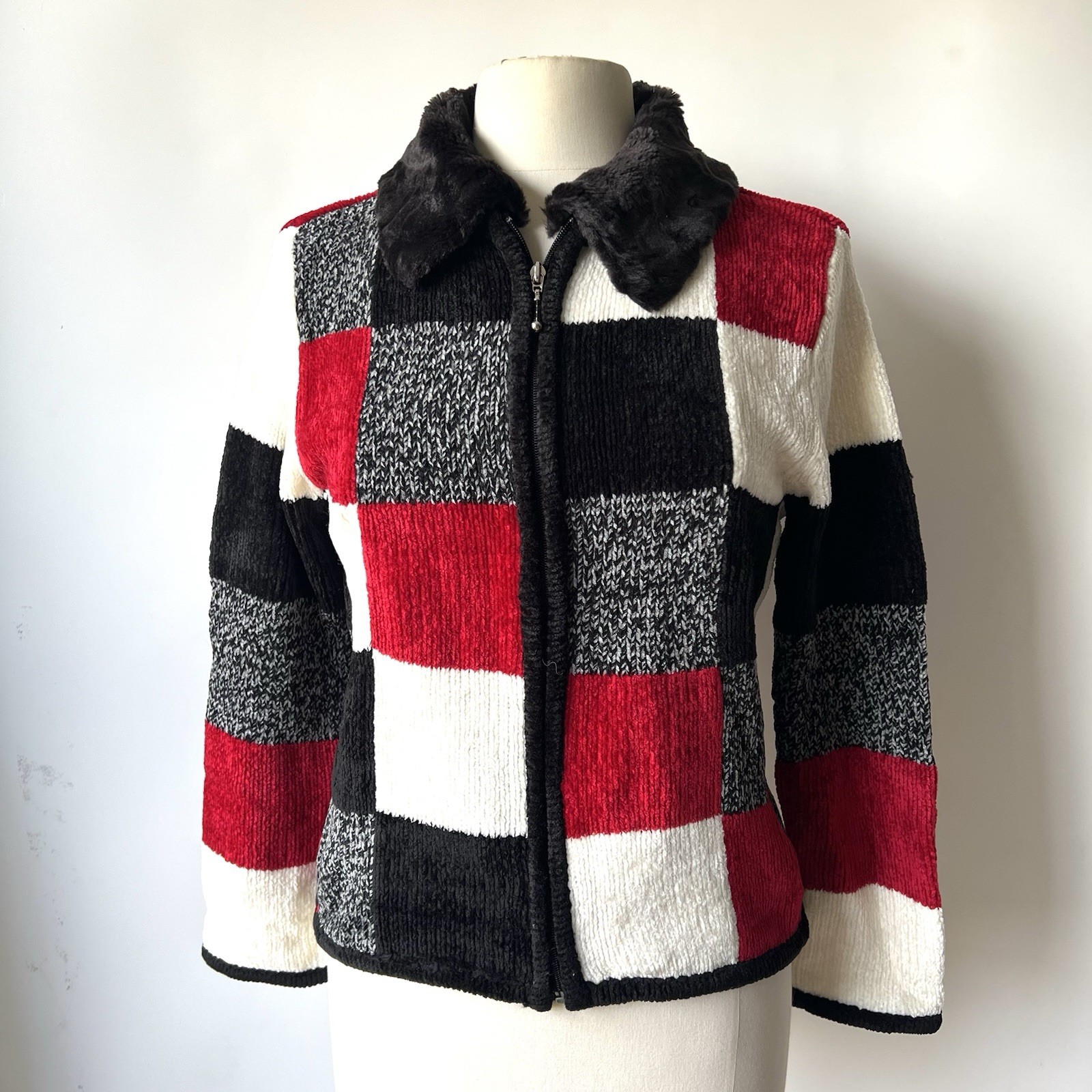 Vtg Chenille Patchwork Full Zip Jacket Sweater Sz… - image 1