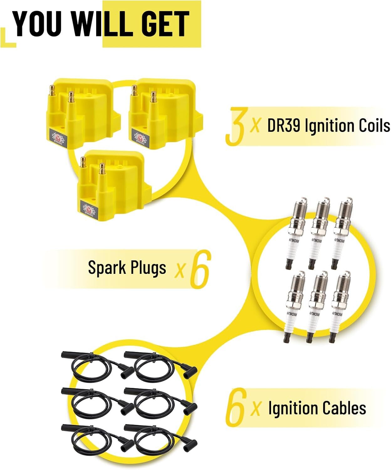 6x Iridium Spark Plug 3x DR39 Ignition Coil + Wires For 96-08 Buick Lucerne 3.8L