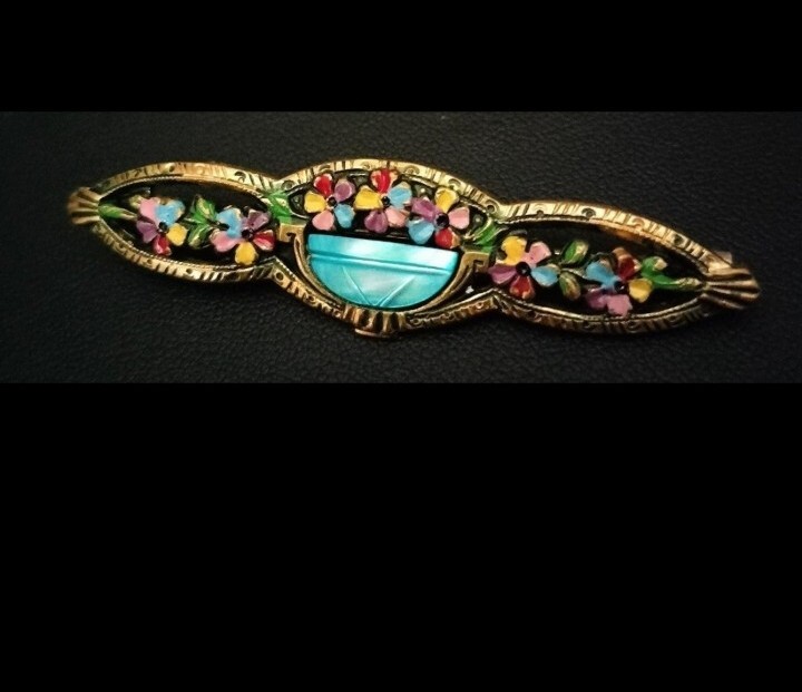 VINTAGE ANTIQUE ART DECO ENAMEL FLOWER BASKET PIN - image 1