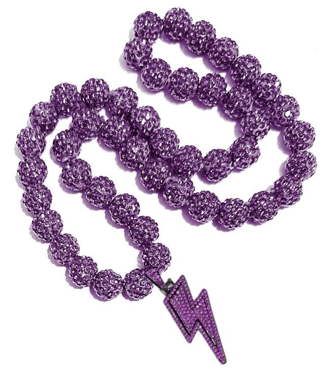 Iced Ball Crystal Bead Baseball Softball Chain Necklace Purple + Lightning Bolt