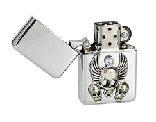 Three Skulls Pewter Winged w/Stone Flip Top Chrome Oil Lighter Wind Resistant